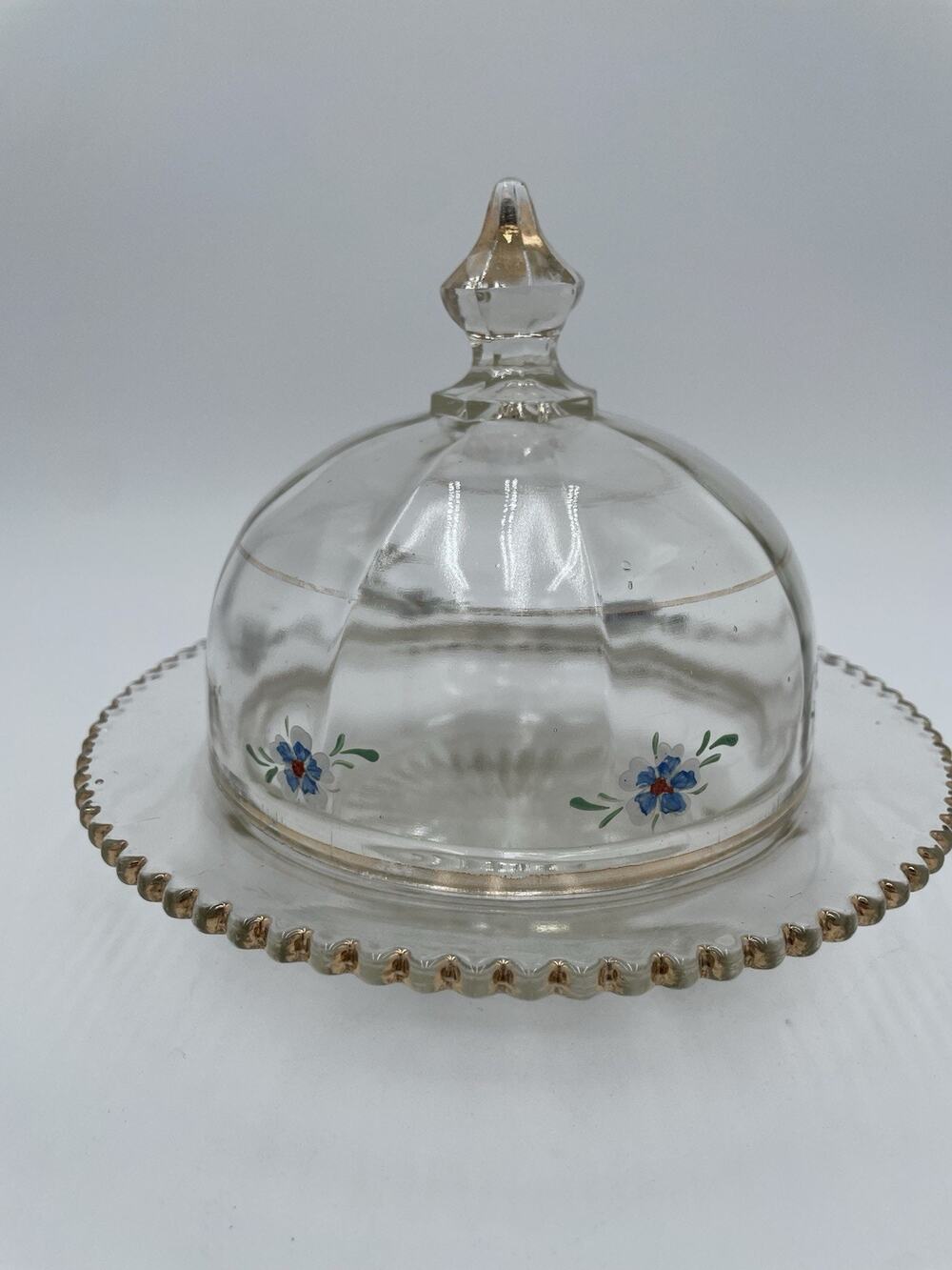 Vintage Glass Dome Butter Dish Hand Painted Blue Flowers Gold Trim